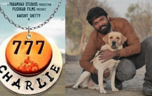 777 Charlie poster and Rakshit Shetty with Charlie