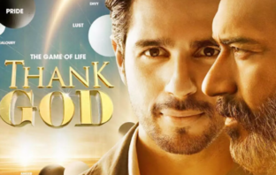 Thank God movie poster featuring Ajay Devgn and Sidharth Malhotra