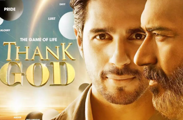 Thank God movie poster featuring Ajay Devgn and Sidharth Malhotra