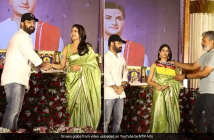 Janhvi Kapoor, Jr NTR and SS Rajamouli from the NTR 30 launch event