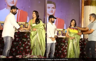 Janhvi Kapoor, Jr NTR and SS Rajamouli from the NTR 30 launch event