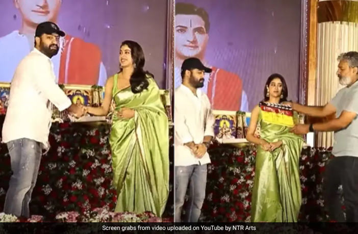 Janhvi Kapoor, Jr NTR and SS Rajamouli from the NTR 30 launch event