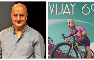 Anupam Kher file photo and Vijay 69 poster