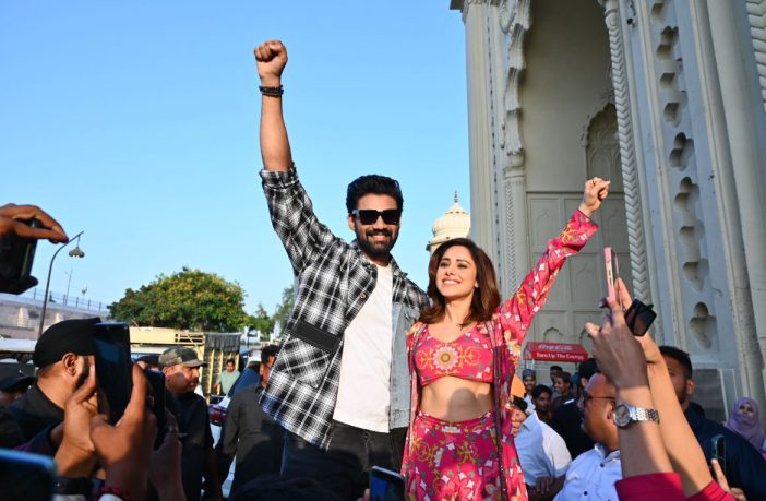 Sreenivas Bellamkonda and Nushratt Bharuccha in Lucknow for Chatrapathi movie promotions