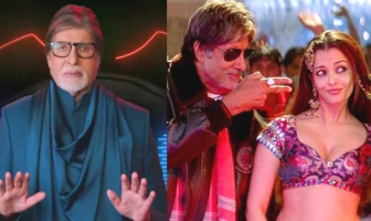 Amitabh Bachchan file photo left and Amitabh Bachchan-Aishwarya Rai in Kajra Re song right