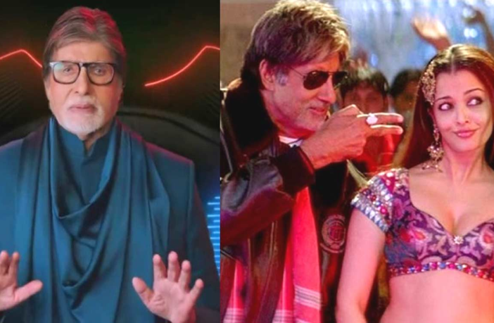 Amitabh Bachchan file photo left and Amitabh Bachchan-Aishwarya Rai in Kajra Re song right