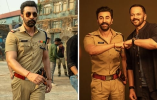 Ranbir Kapoor in cop uniform (left) Ranbir Kapoor with Rohit Shetty (right)