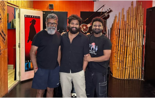 Allu Arjun, Sukumar and Devi Sri Prasad at Pushpa 2 music recording session