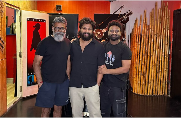 Allu Arjun, Sukumar and Devi Sri Prasad at Pushpa 2 music recording session